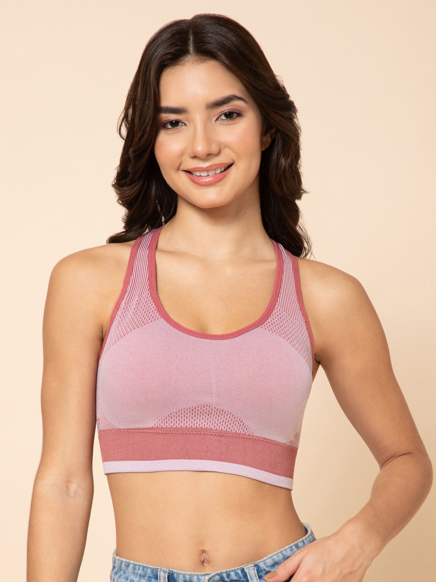 Women's Seamless Padded Racerback Dusty Rose Sports Bra