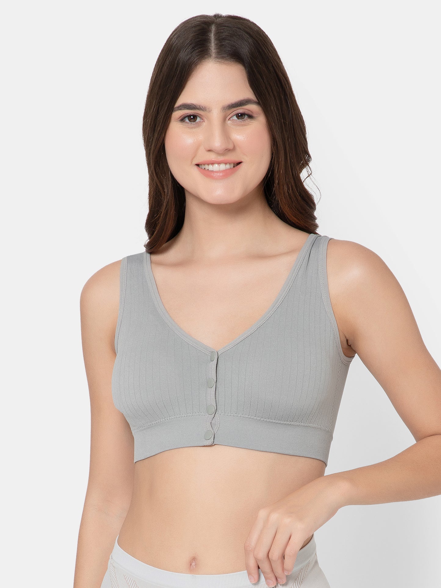 Women's Seamless Maternity/Nursing Front-Open Grey Bra – Wireless & Stretchable
