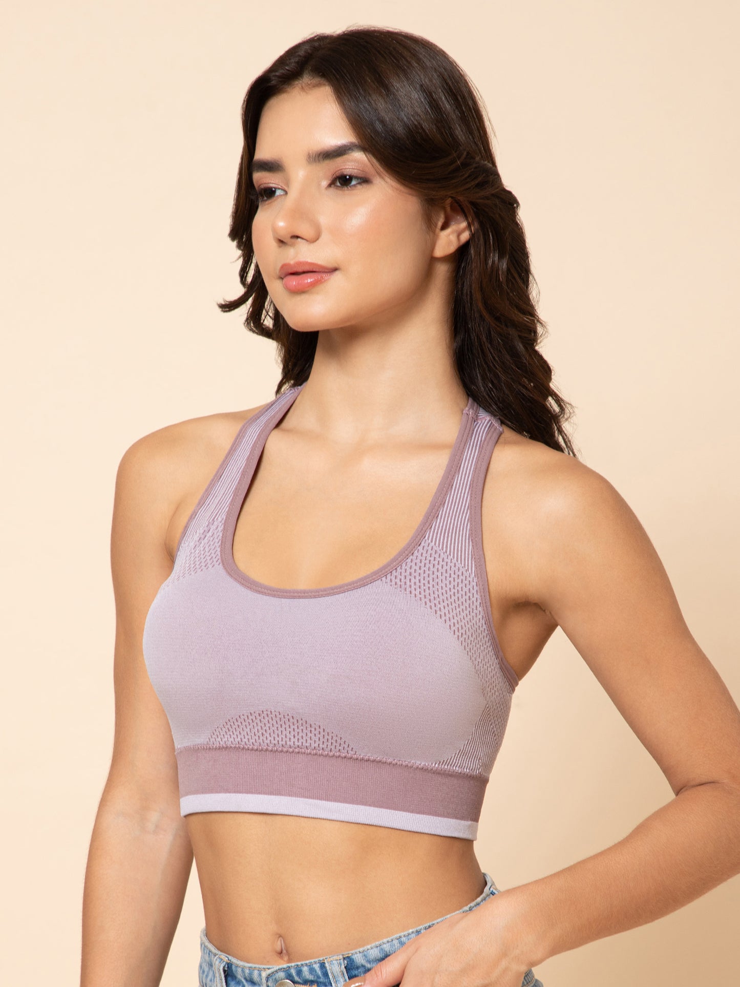 Women's Seamless Padded Racerback Dusty Mauve Sports Bra