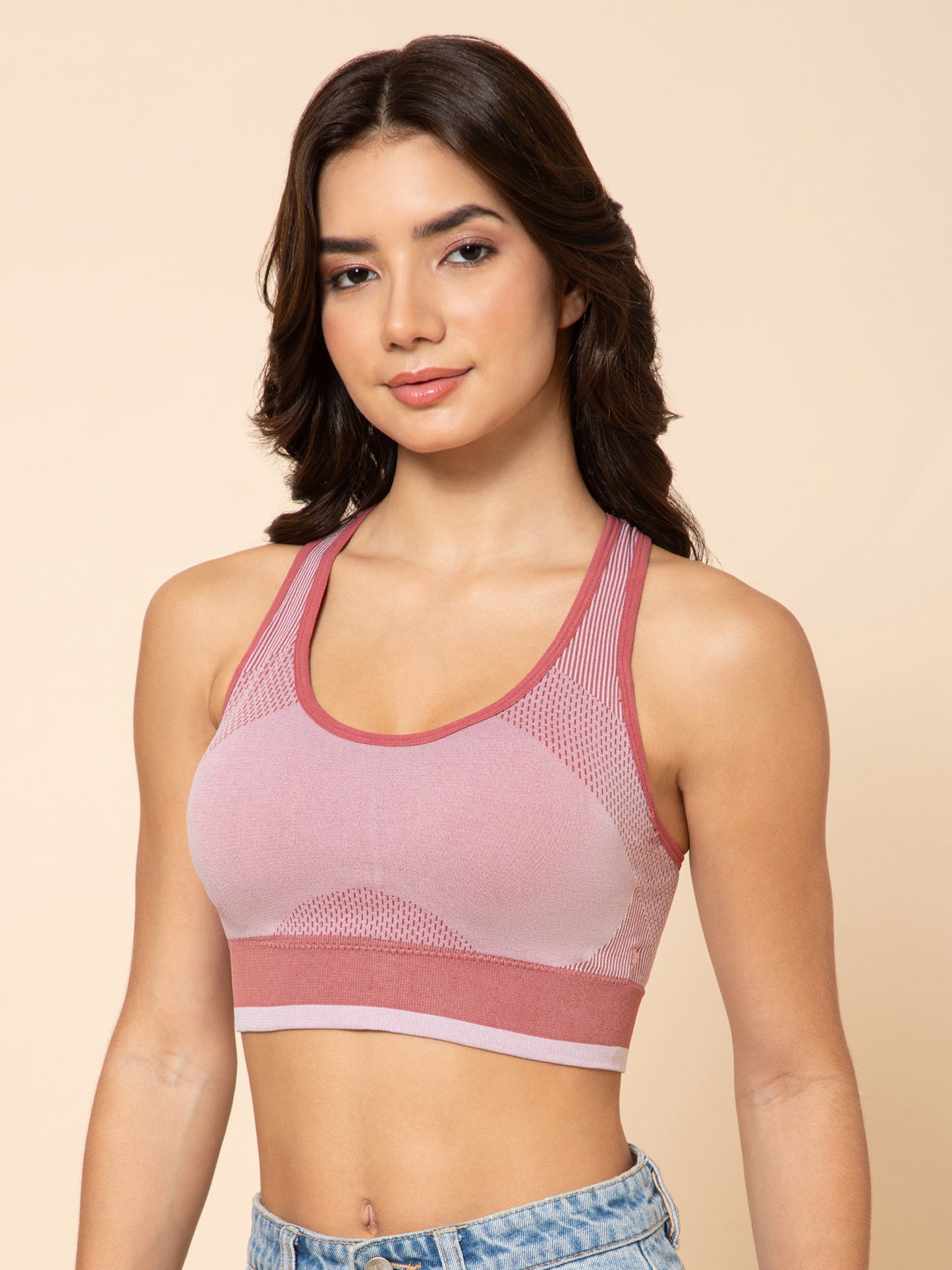 Women's Seamless Padded Racerback Dusty Rose Sports Bra