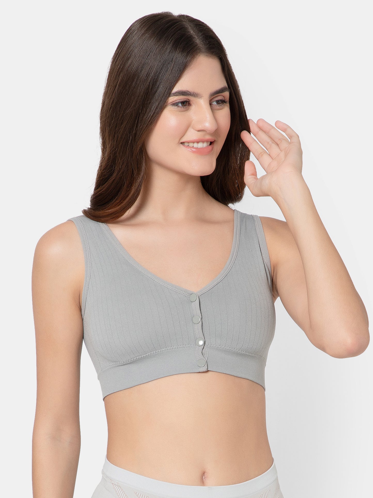 Women's Seamless Maternity/Nursing Front-Open Grey Bra – Wireless & Stretchable