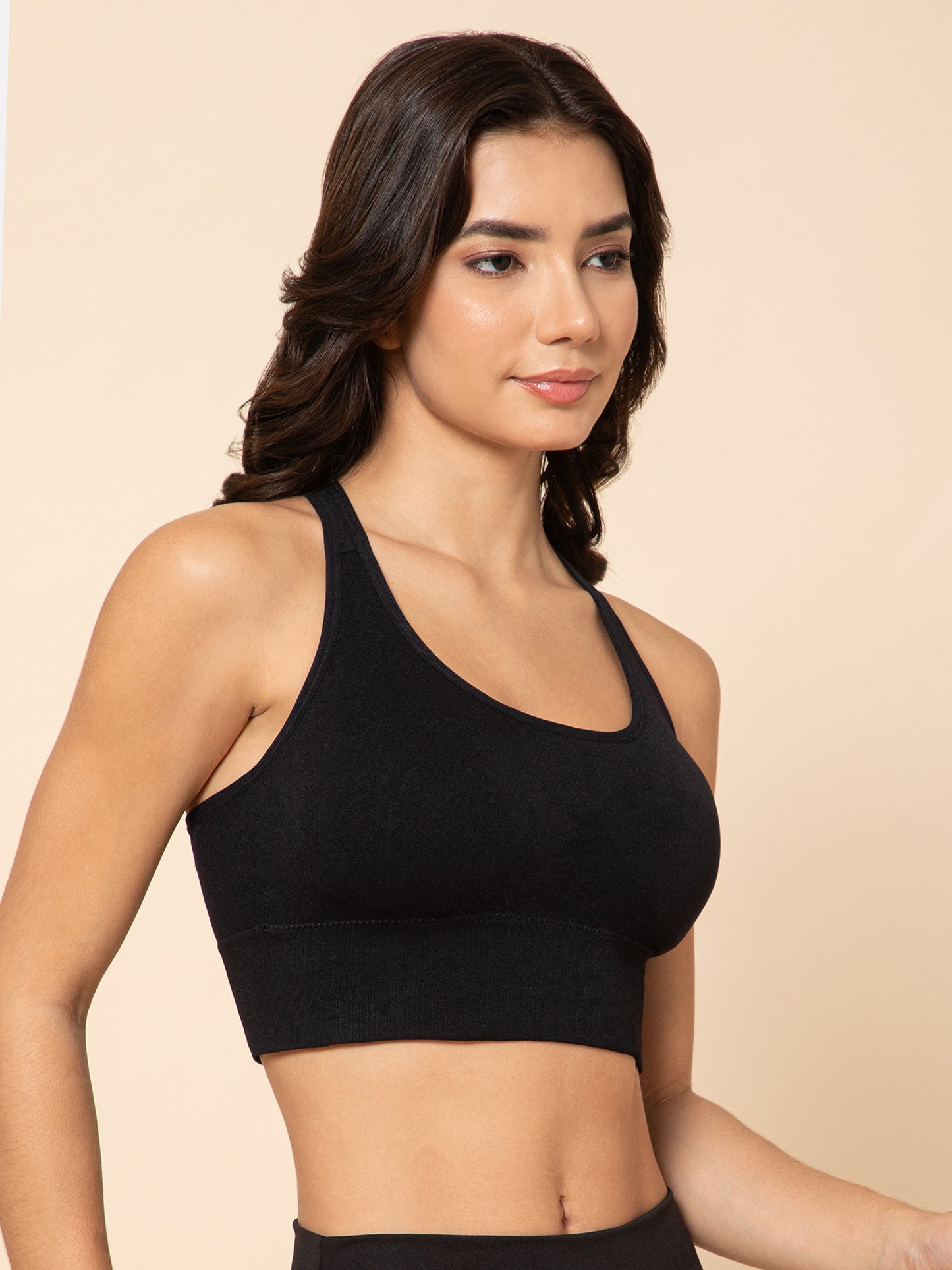 Seamless Black Racerback Sports Bra with Front Support