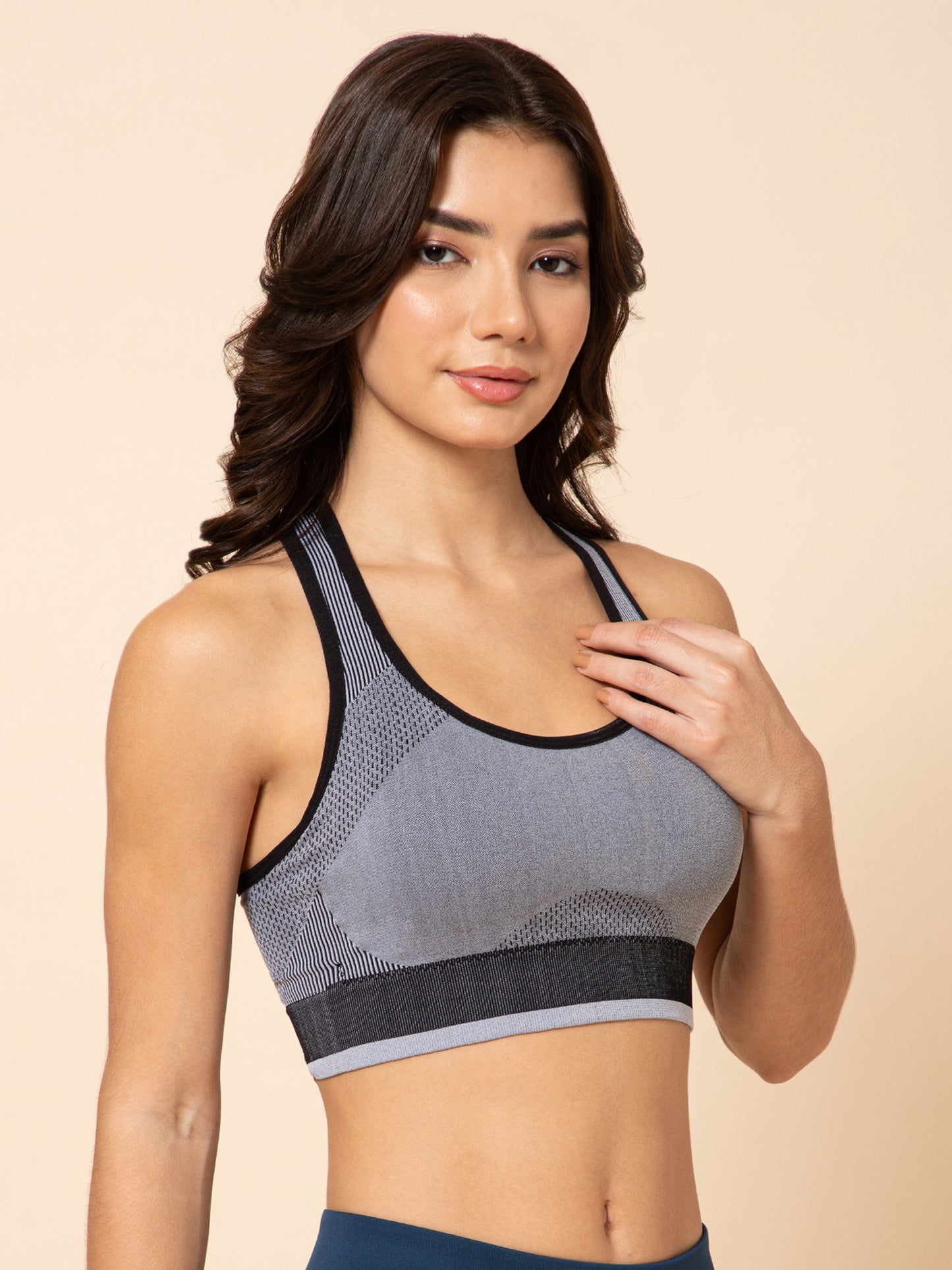 Women's Seamless Padded Racerback Charcoal Plum Sports Bra