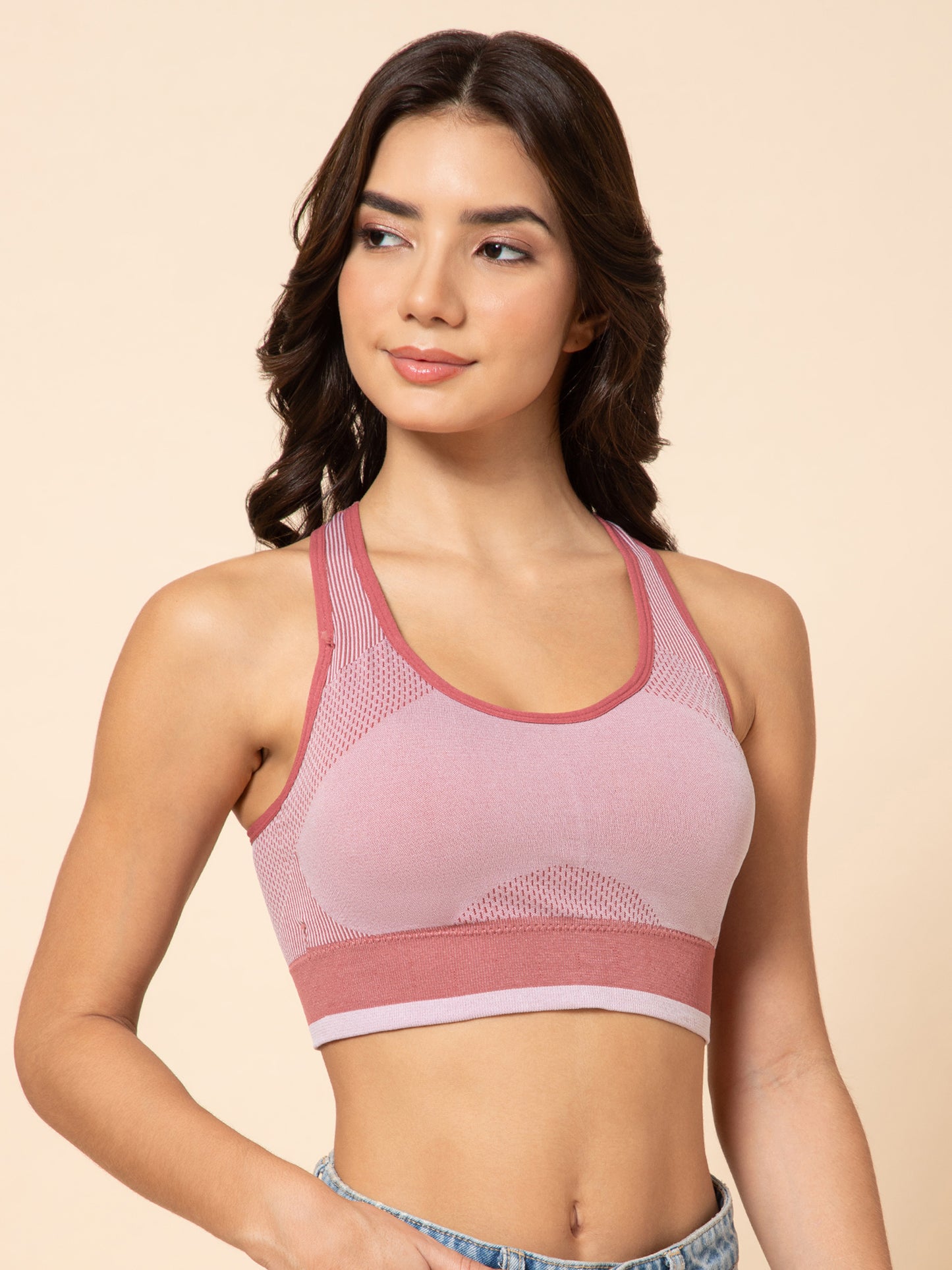 Women's Seamless Padded Racerback Dusty Rose Sports Bra