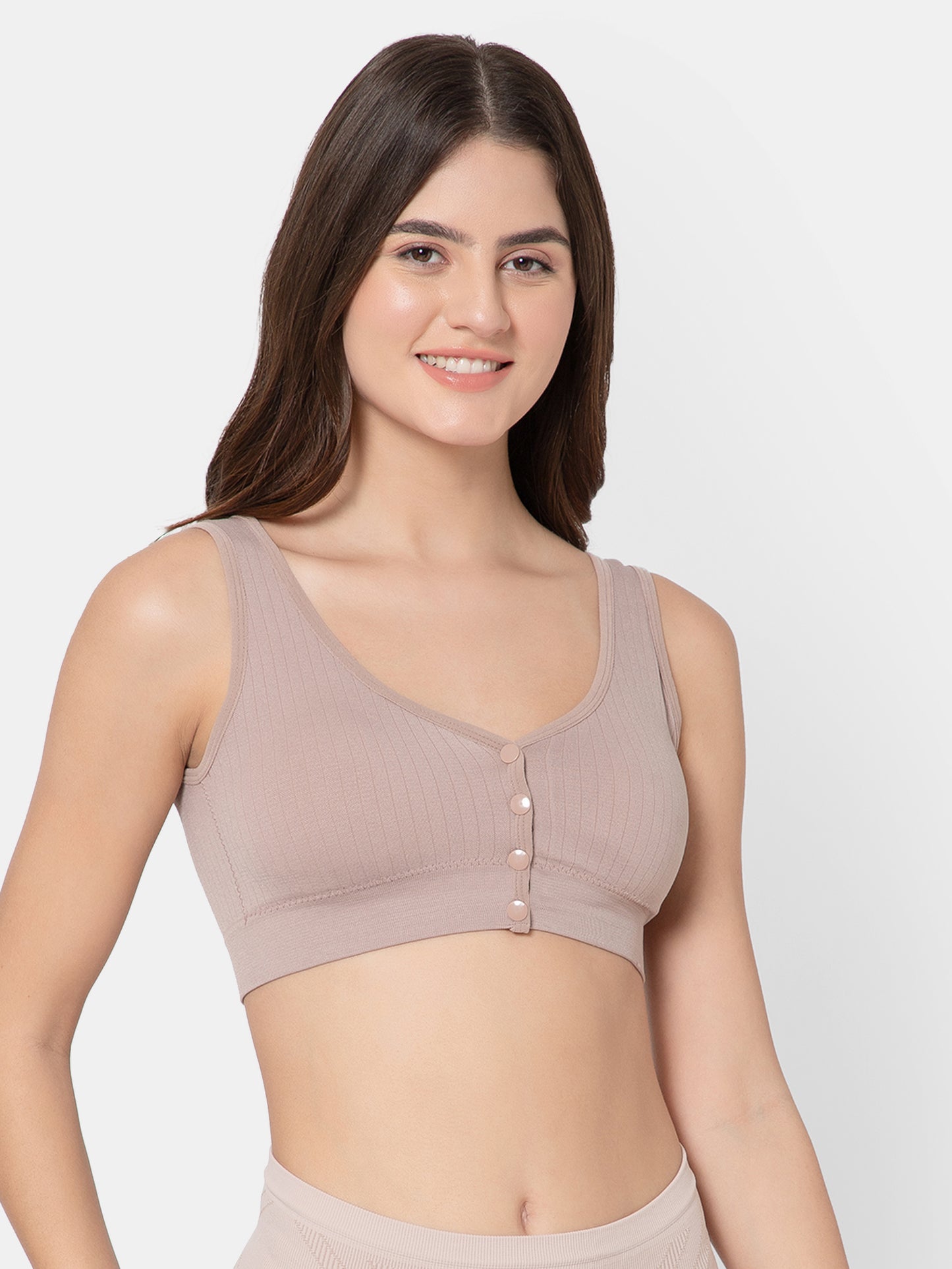 Women's Seamless Maternity/Nursing Front-Open Lightbrown Bra – Wireless & Stretchable