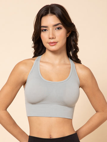 Seamless Grey Racerback Sports Bra with Front Support