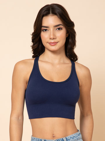 Seamless NavyBlue Racerback Sports Bra with Front Support