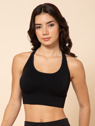 Seamless Black Racerback Sports Bra with Front Support