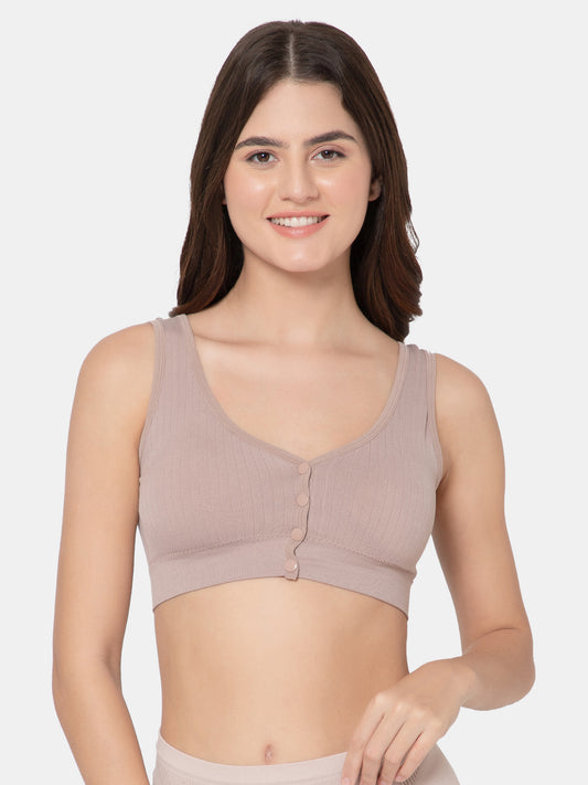 Women's Seamless Maternity/Nursing Front-Open Lightbrown Bra – Wireless & Stretchable