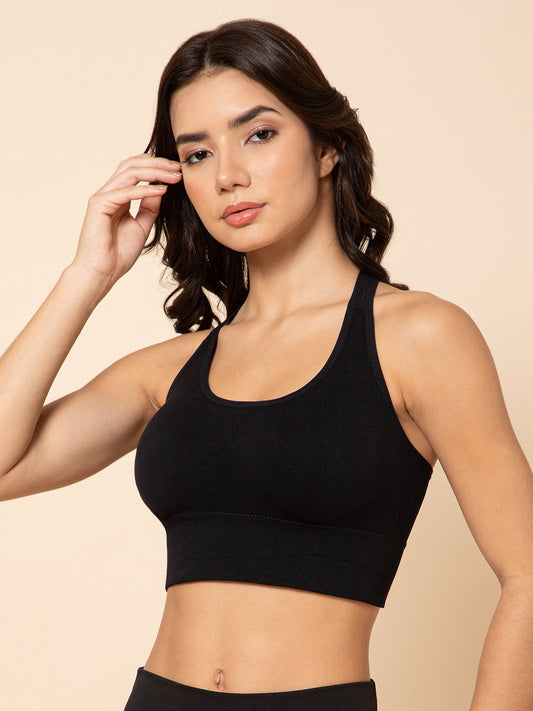 Seamless Black Racerback Sports Bra with Front Support